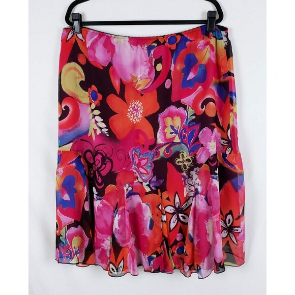 Chicos 100% Silk Midi Skirt Womens XL Wearable Art Flowy Maximalist Boho Resort - Picture 1 of 9